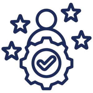 An individual with a gear and stars around them, representing ideas and inspiration.